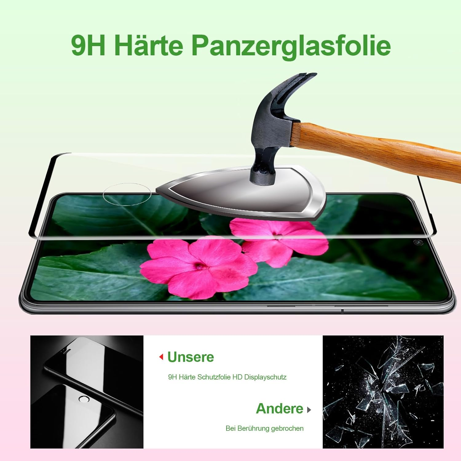 Hammer schlägt auf ein Telefon-Display. Geschützt durch Panzerglas. Text oben.