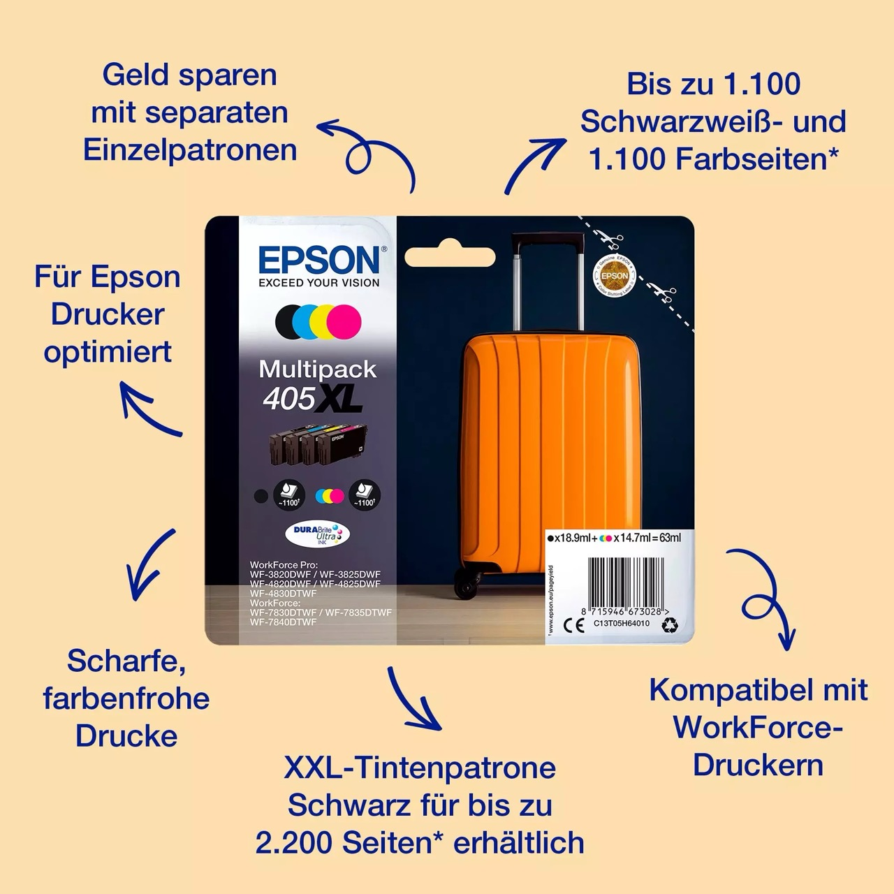 Pudełko z wkładami atramentowymi Epson z informacjami i pomarańczową walizką.