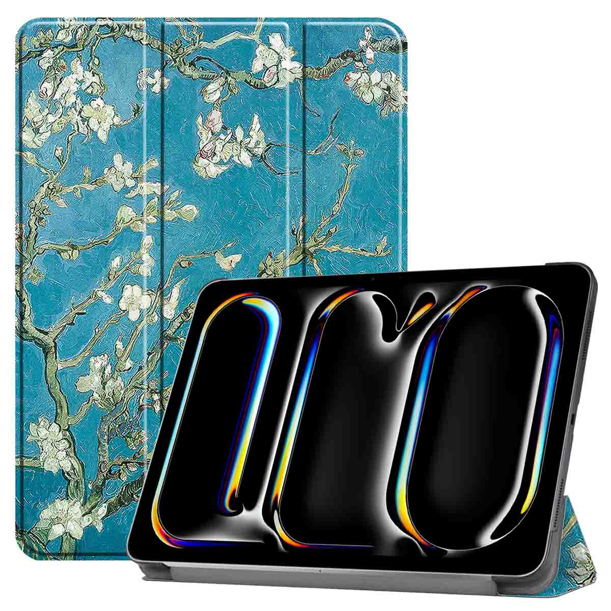Tablet case with artwork. The case is open, showing a tablet.