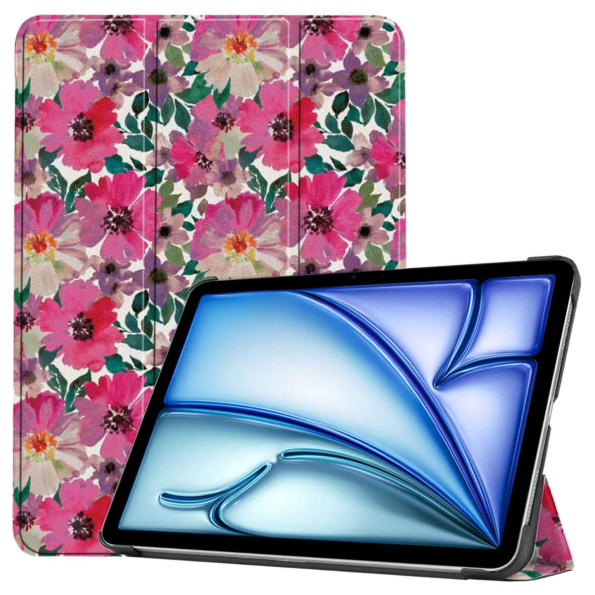 Tablet in a floral case, with the cover open showing the screen displaying a blue design.