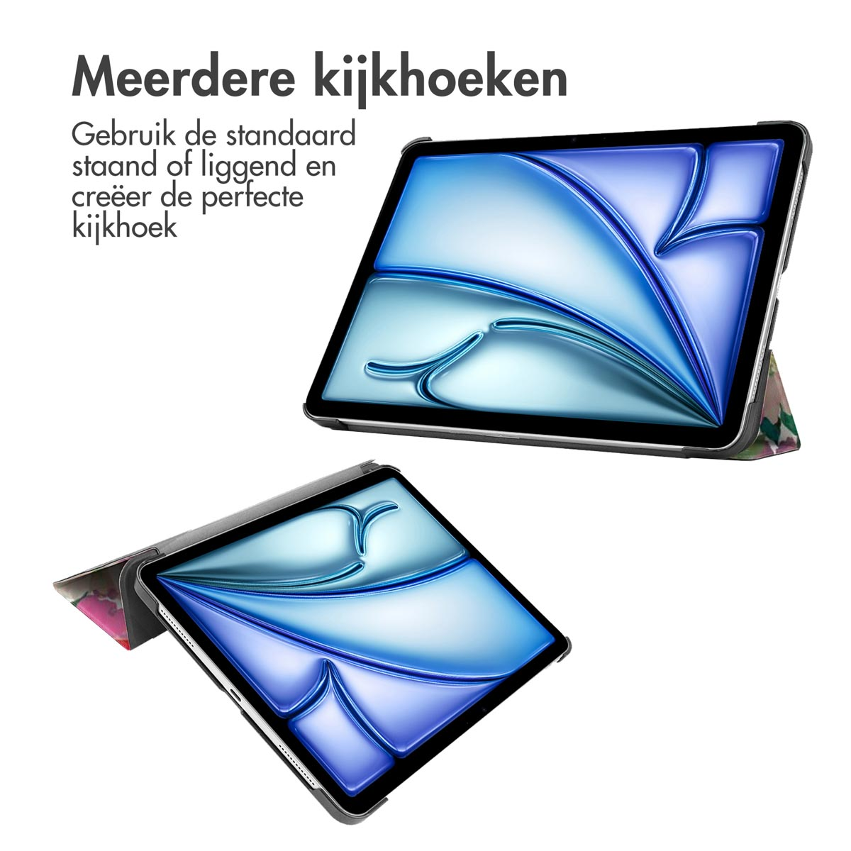 Two tablets in floral cases, showing multiple viewing angles and the tablet screens.