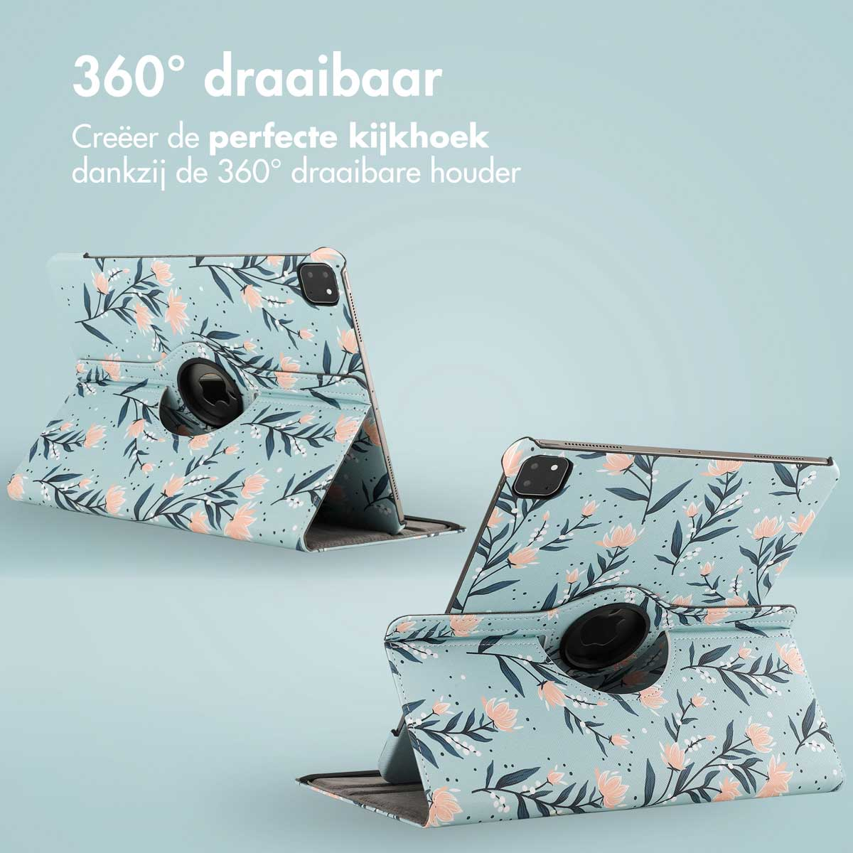 Two tablet cases with floral patterns, one open and one closed. The text '360° draaibaar' is above.