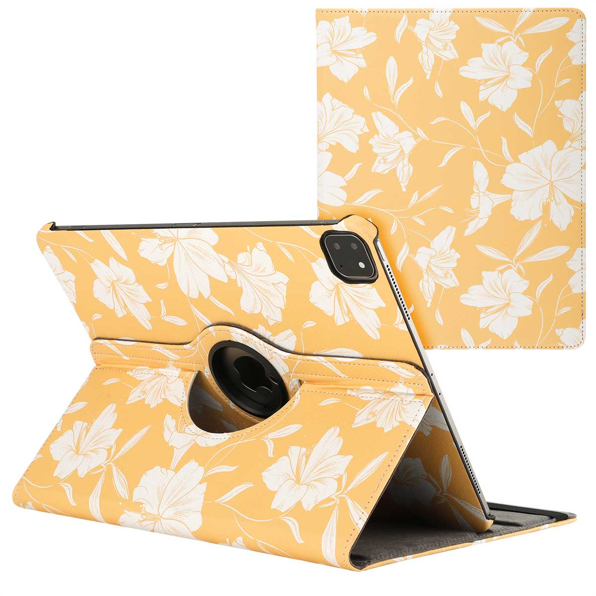 A yellow tablet case with white floral print, open to reveal the tablet.