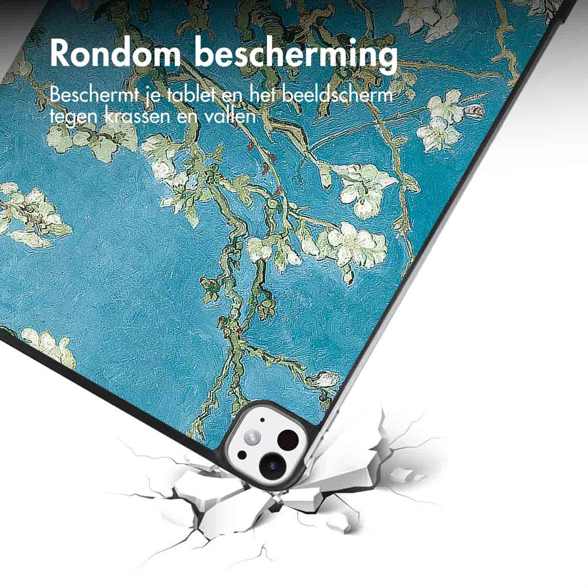 Tablet with a case featuring a painting and a cracked screen, showing drop protection.