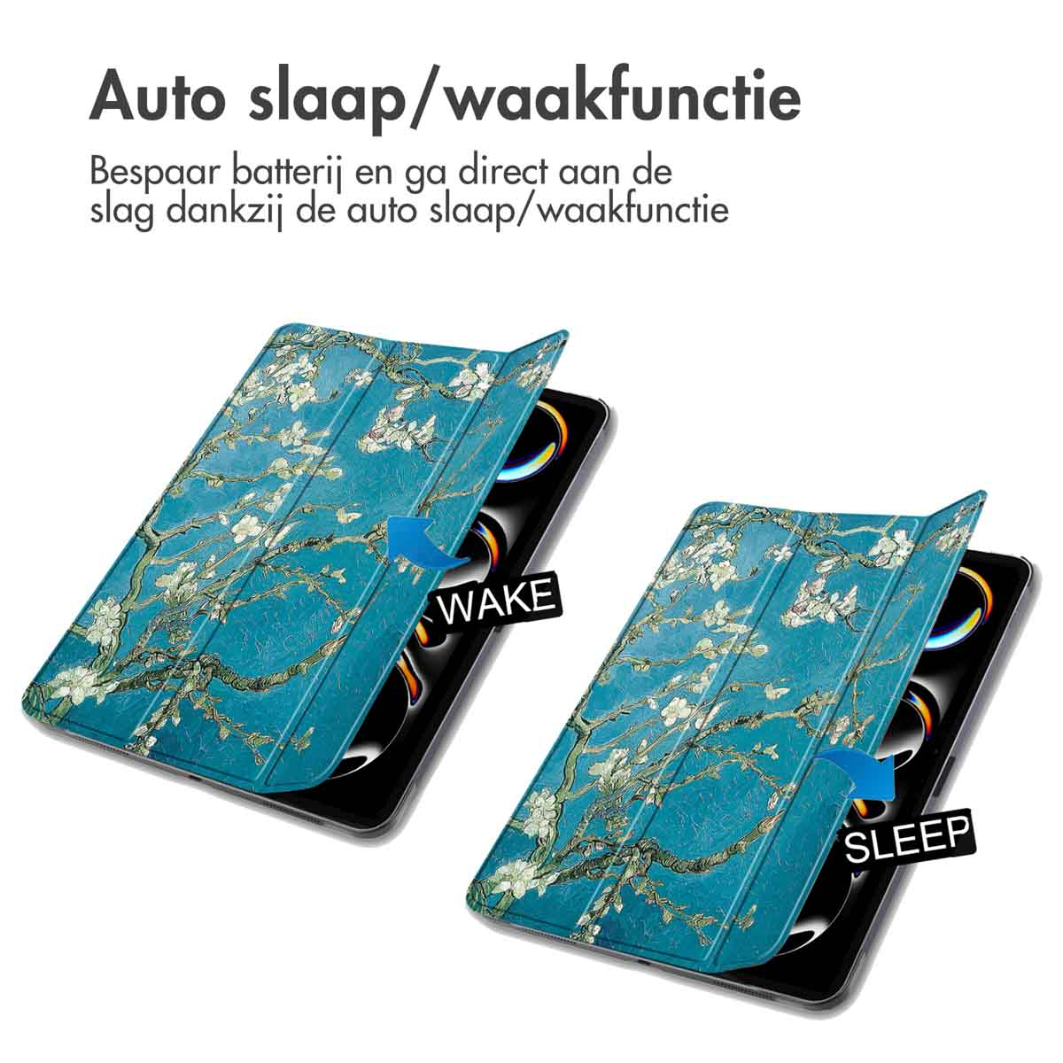 A device displays a cover with a floral design; the cover opens and closes.