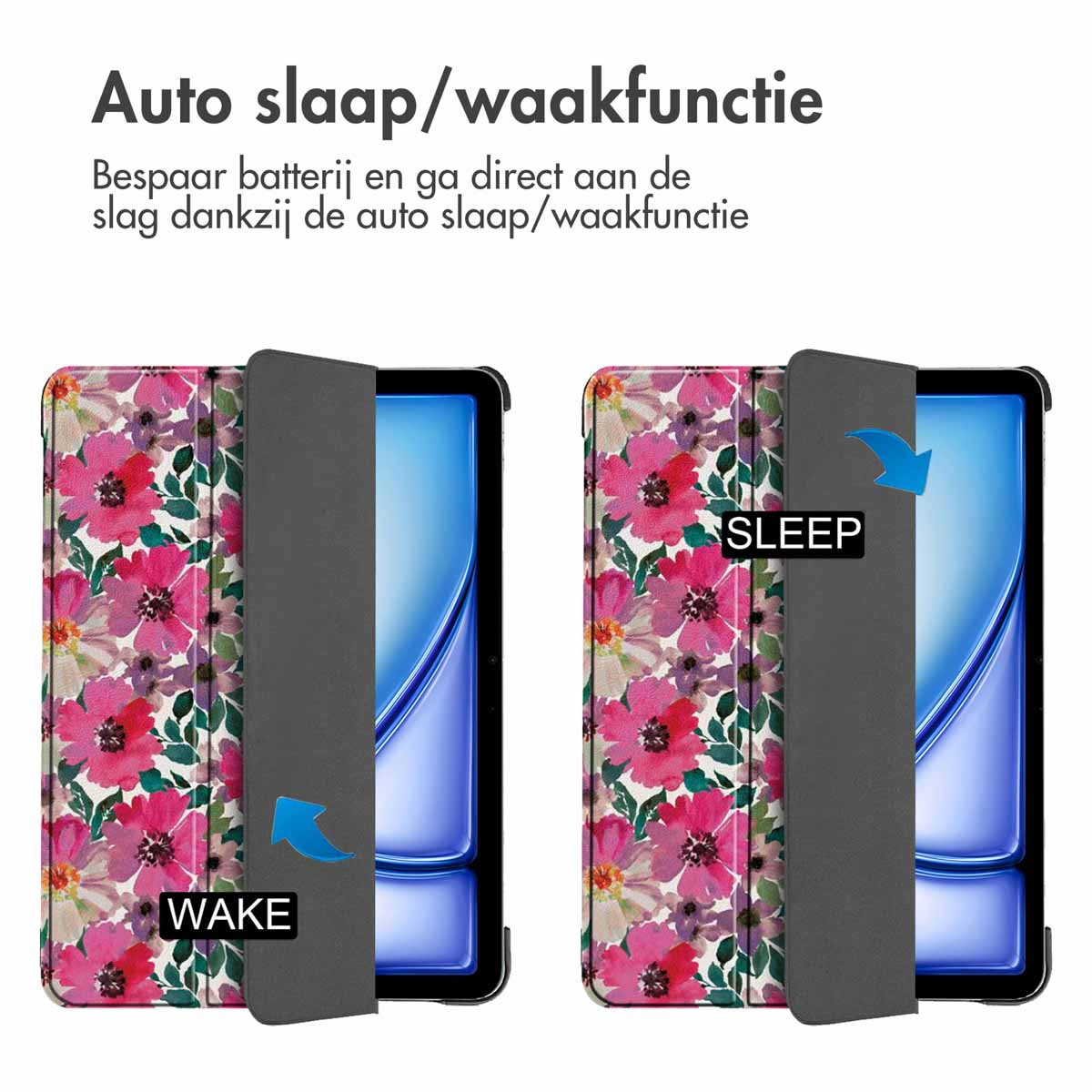 Two tablet cases with floral patterns. One is open, showing the screen, with 'WAKE' arrow. 'SLEEP' is on the other.