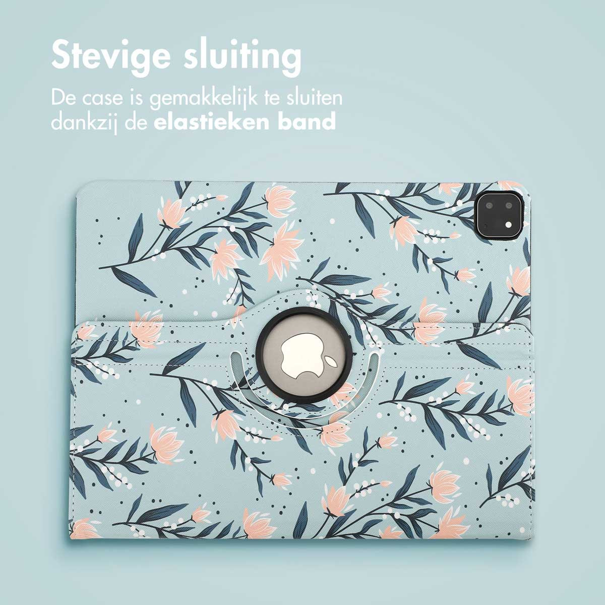 A tablet case with a floral design in light blue and pink, open.