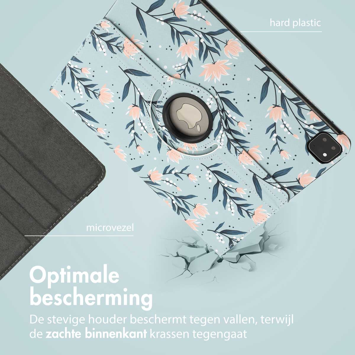Tablet case with floral pattern. The case is open, showing the tablet and a rotating mechanism.