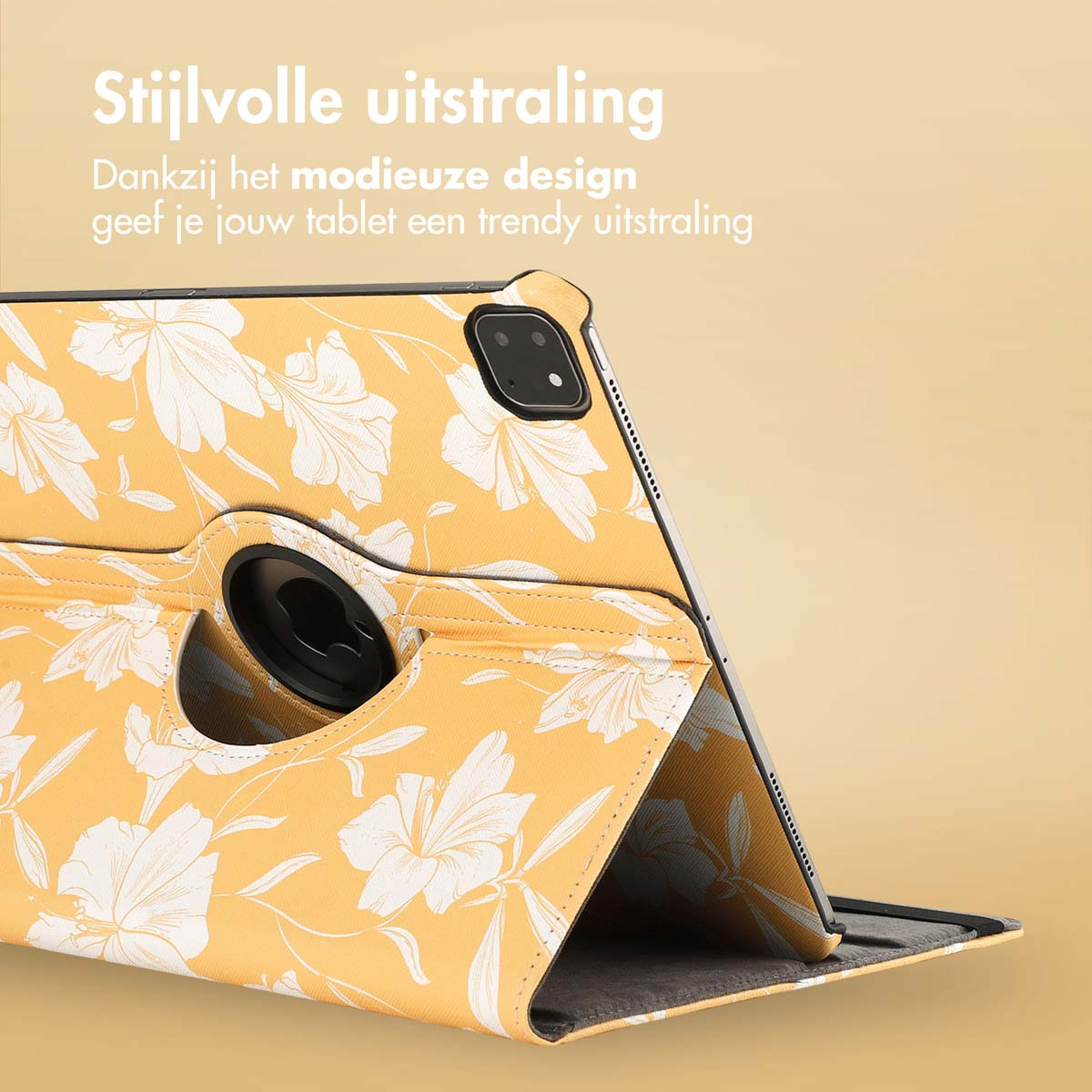 Tablet case with a yellow floral design. The tablet is in the case, with a floral pattern.