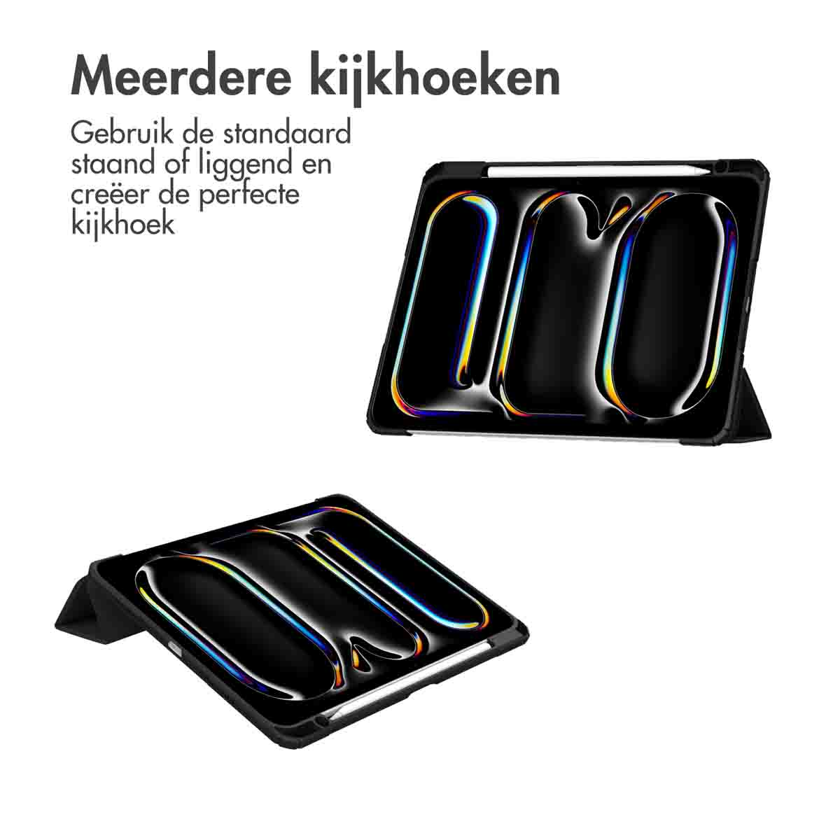 A tablet case showing different viewing angles, black color and a white background.
