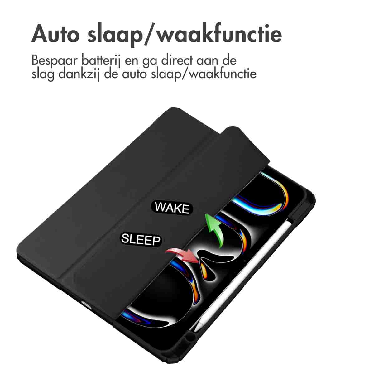 Tablet with a black case open, displaying a screen, and the words "WAKE" and "SLEEP".