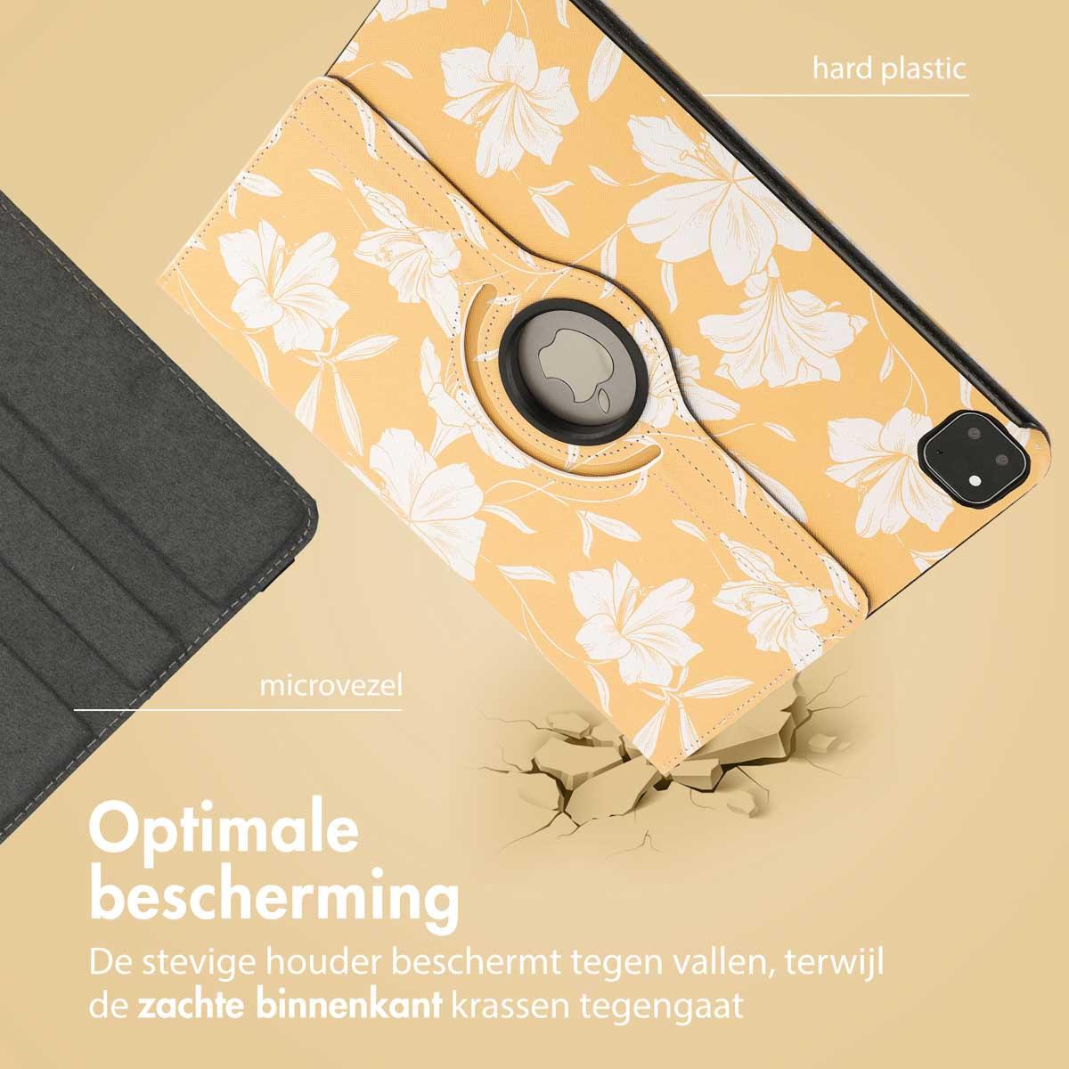 Yellow floral tablet case with a rotating stand. Hard plastic and microfibre materials are labeled.