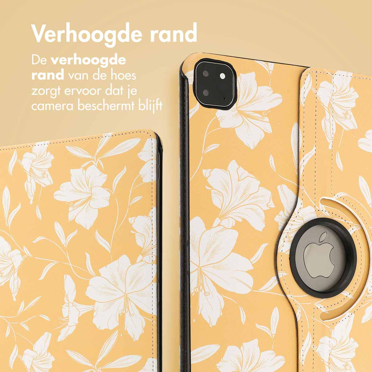 A device has a floral case with a raised edge to protect the camera.