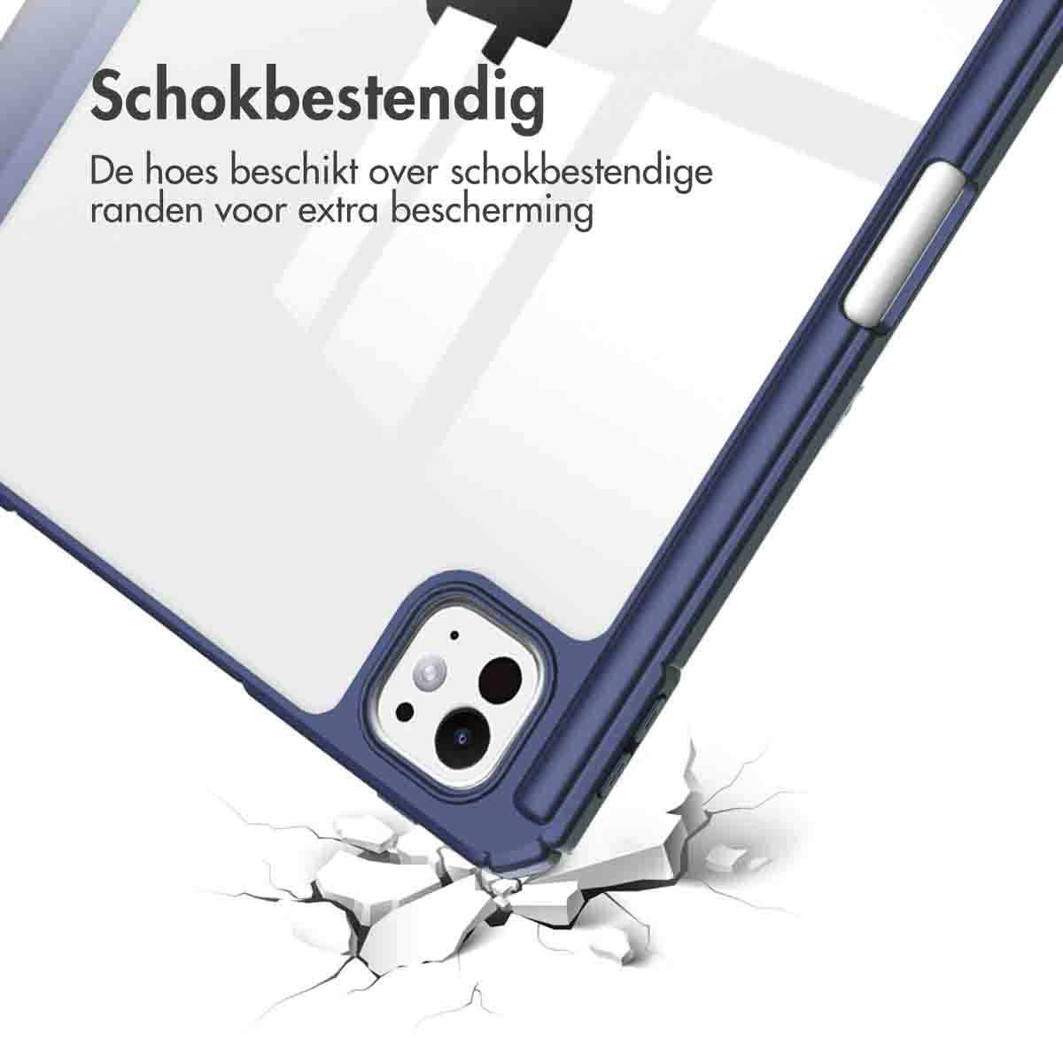 A close-up of a tablet case with a blue border, the case is open.