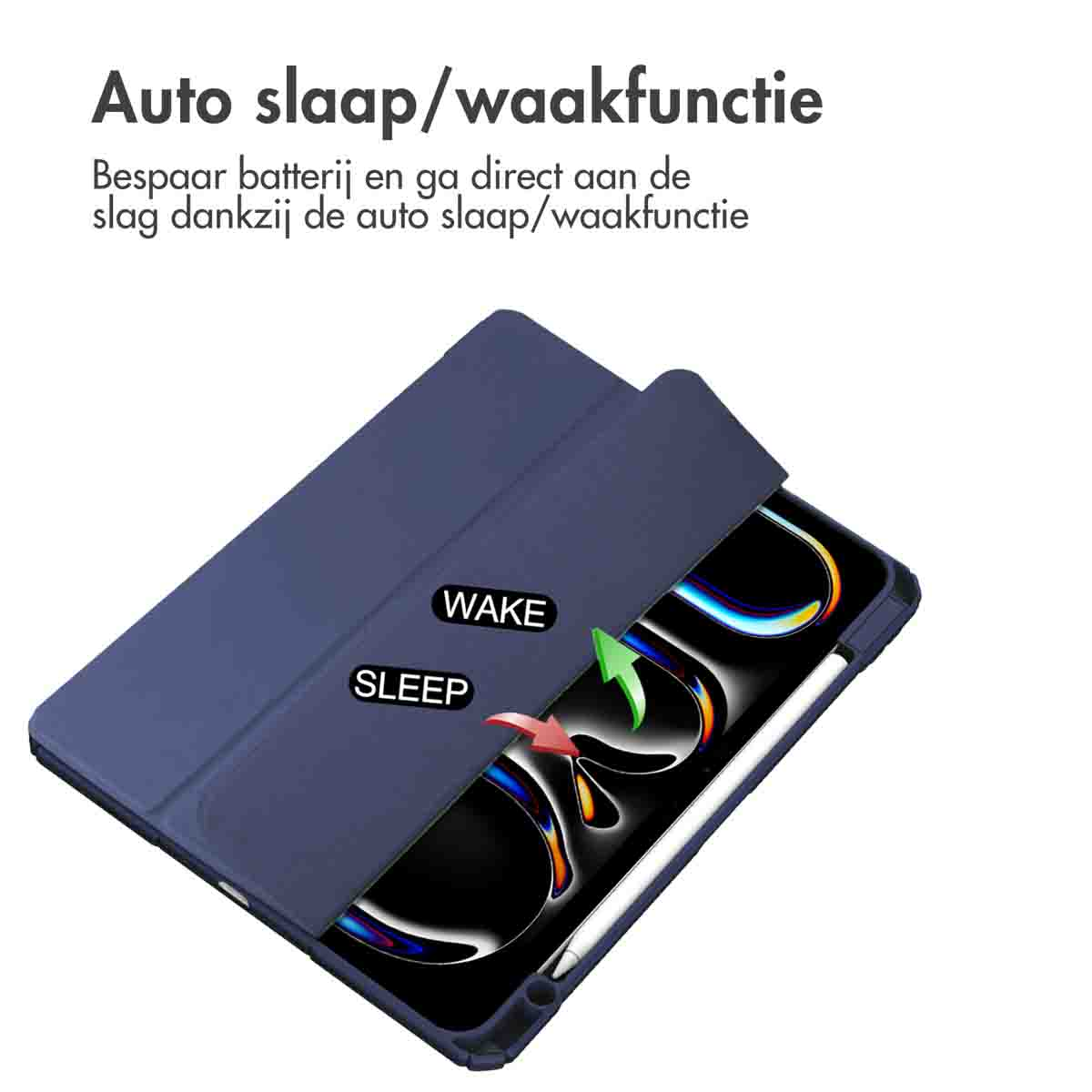 Blue tablet case with white apple pencil. The case shows sleep and wake arrows.