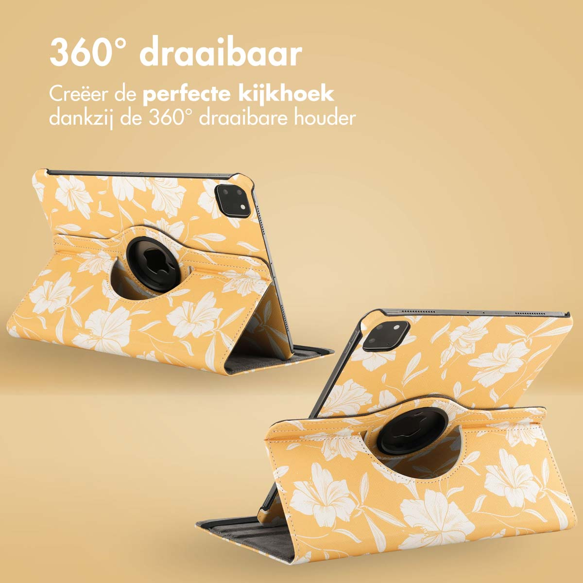 Two tablets in yellow floral cases, different angles, on a light background. Each has rotating stand.