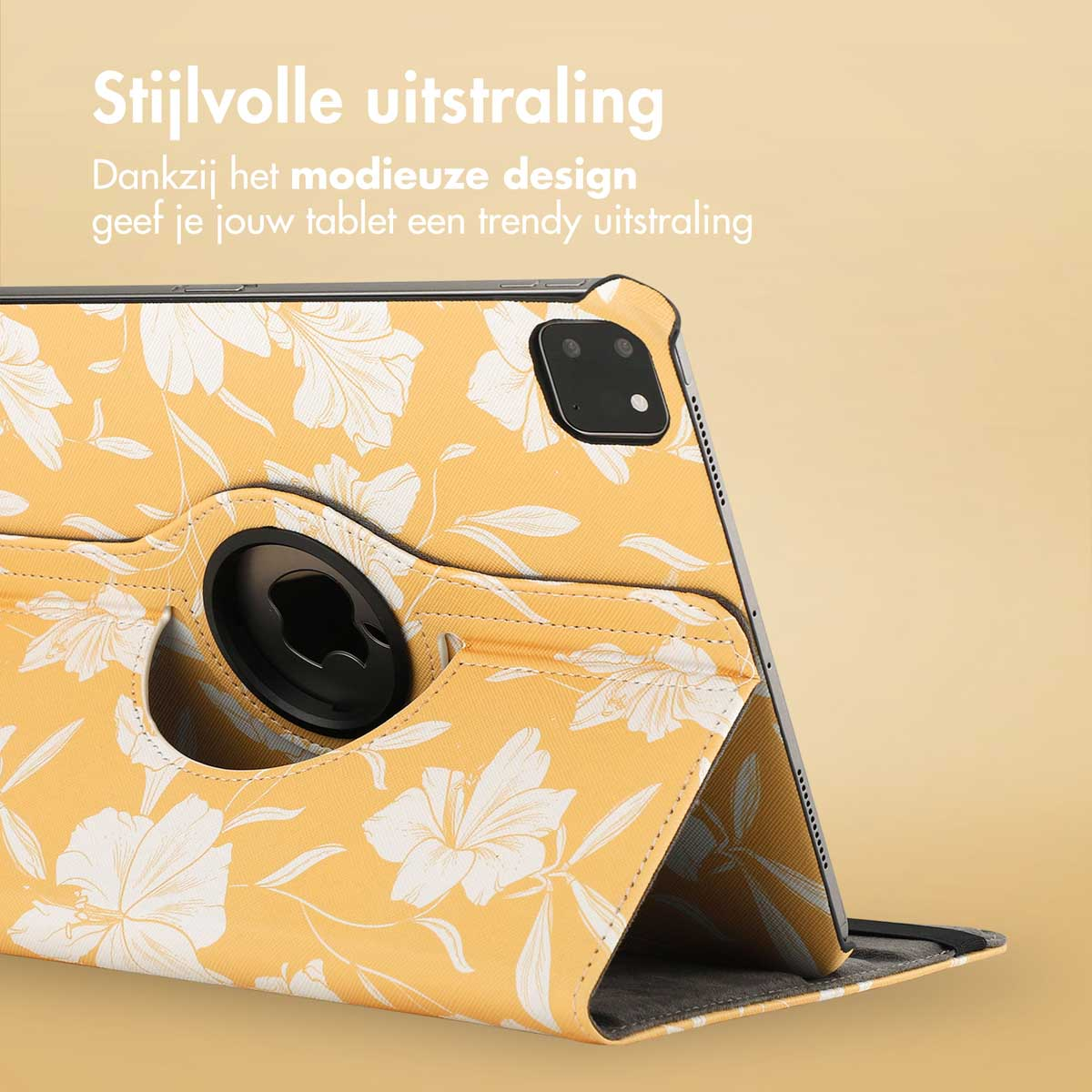 Tablet in a yellow floral case. The case is open, showing the screen and camera. Text at the top reads 'Stylish look'.