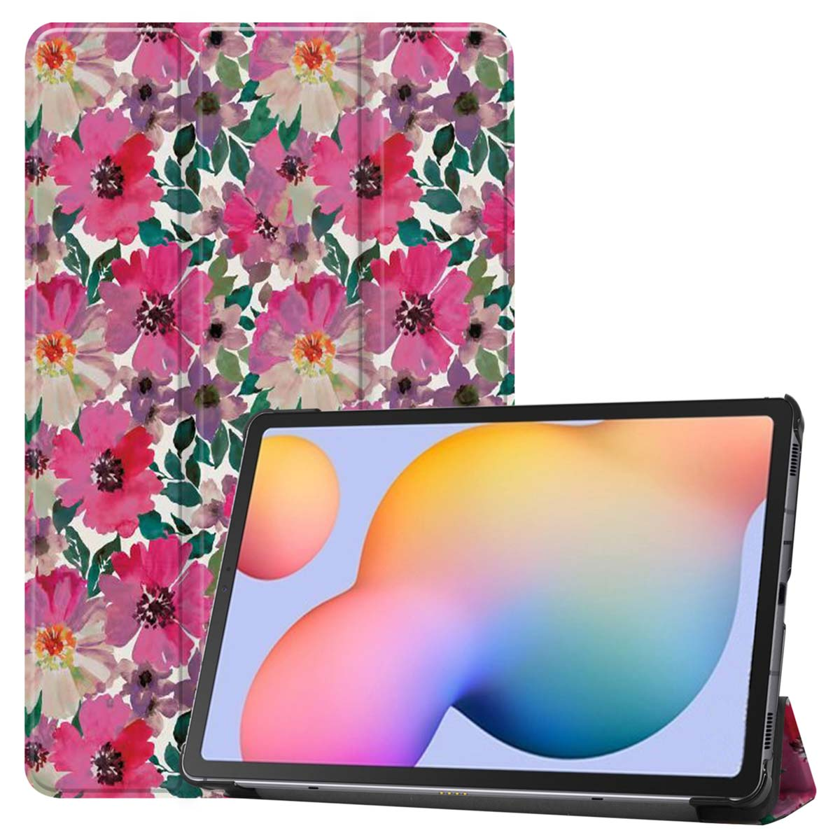 Tablet met een bloemenhoes, die het scherm en de gesloten cover op de achtergrond toont.