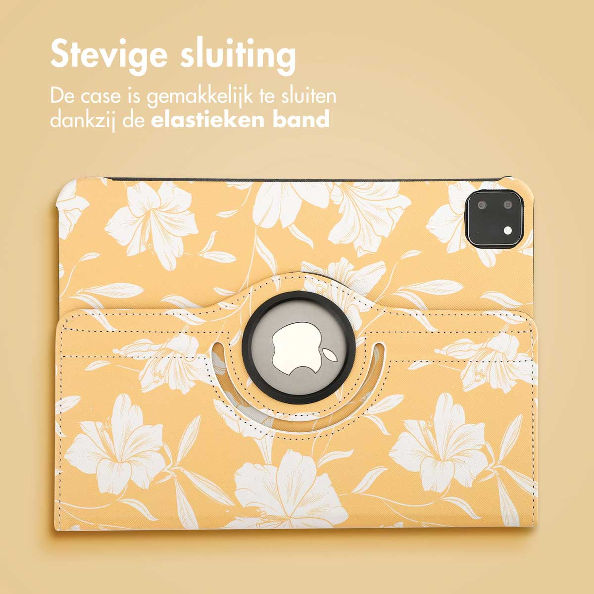 Tablet case with a yellow floral design. The case is open, displaying the interior, and has an Apple logo.