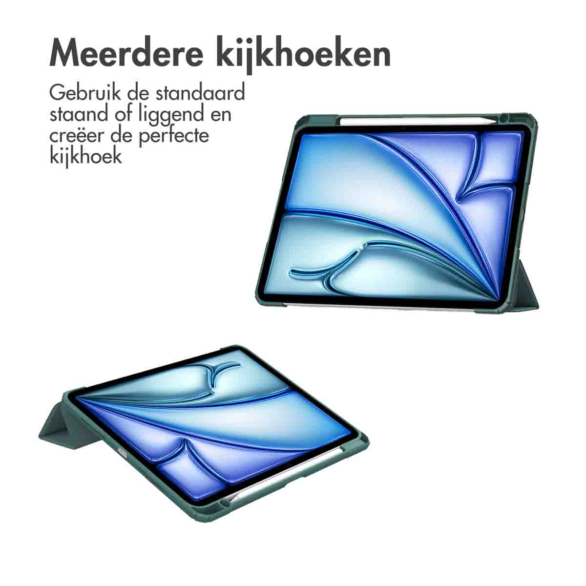 Two tablets in cases, one upright, one flat. Cases are blue with reflective design. White background.