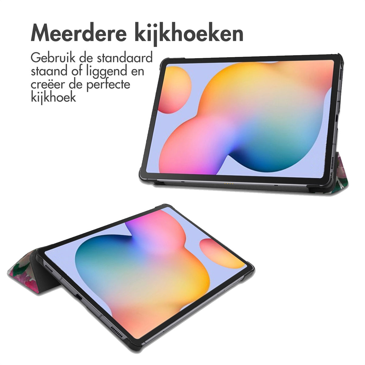 Tablethoes met twee tablets in verschillende hoeken, die het scherm weergeven.