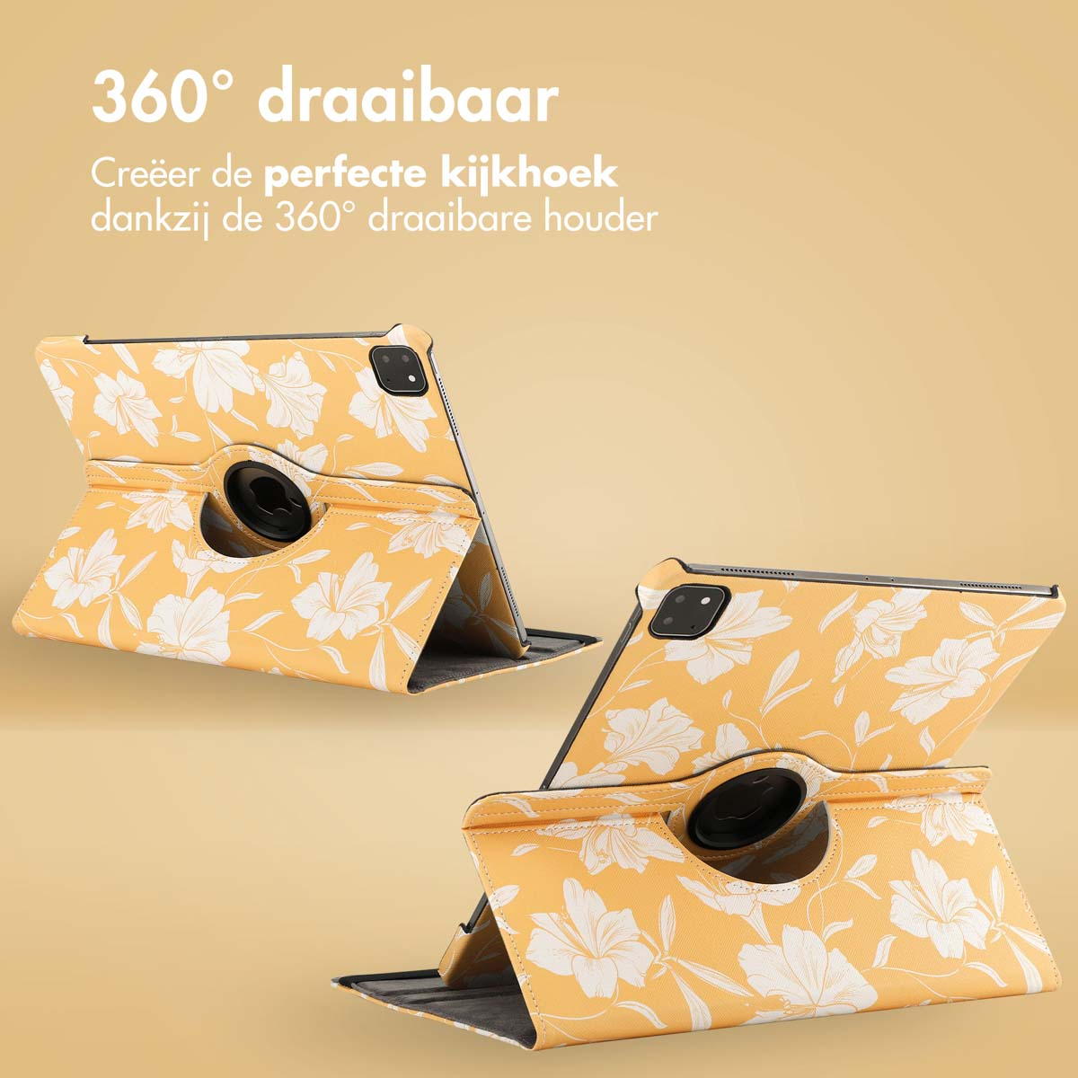 Two tablets in cases with floral design, one tilted and one flat.