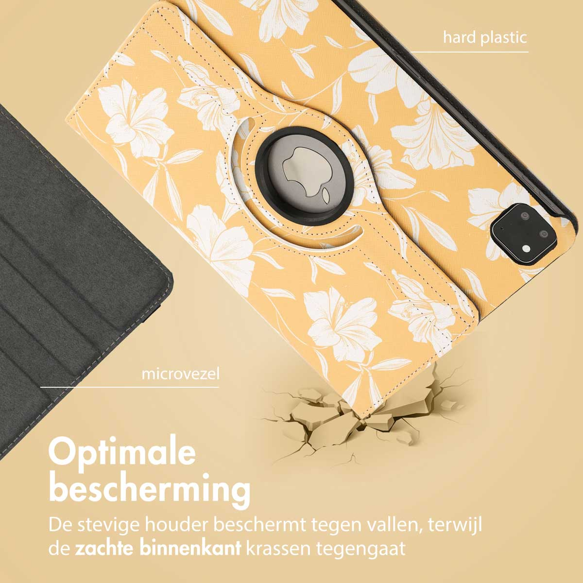 A yellow patterned tablet case with white flowers. A gray microfiber part is on the left. The case is on a light brown surface.