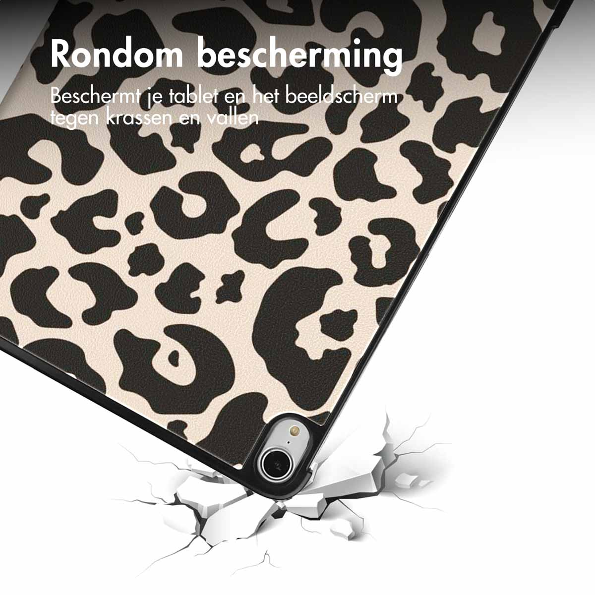 Tablet case with a leopard print, on a white background. The case is facing down and has a camera.