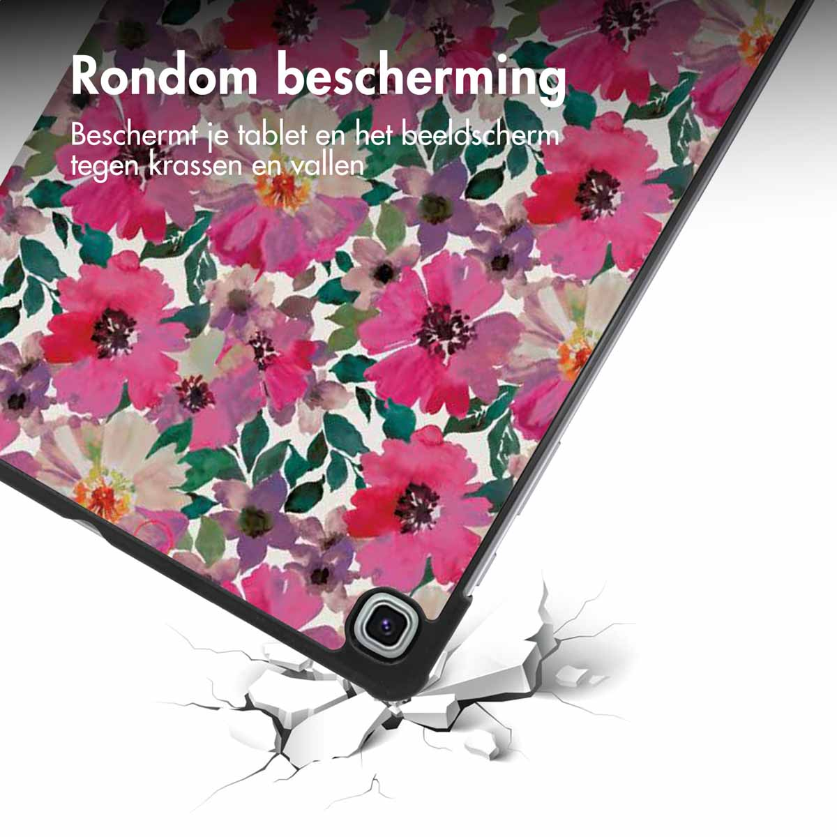 Tablethoes met een bloemenpatroon. De hoes is open en het scherm toont een witte achtergrond.