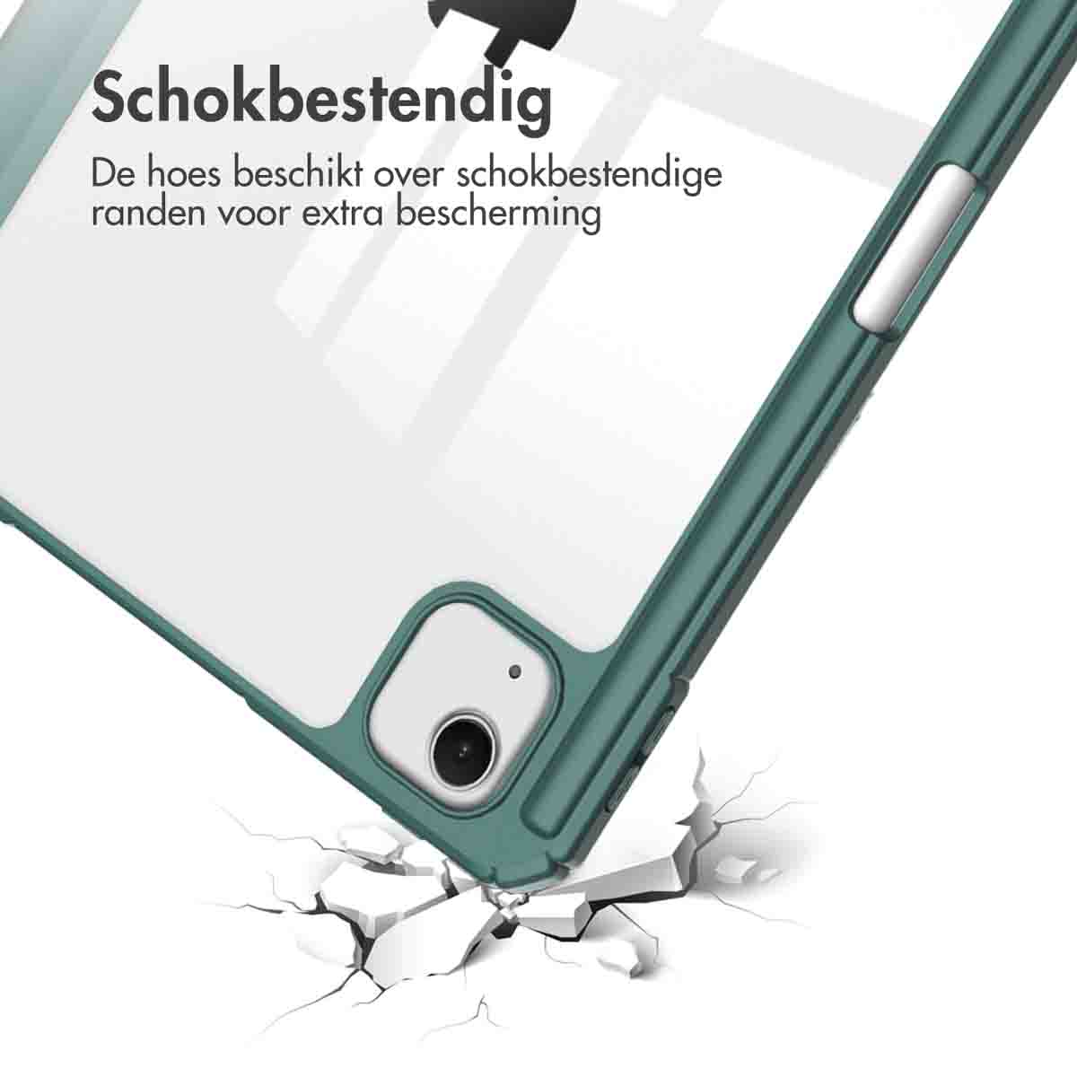 Tablet case, showing an open case. The case is green with a clear back showing an apple logo.