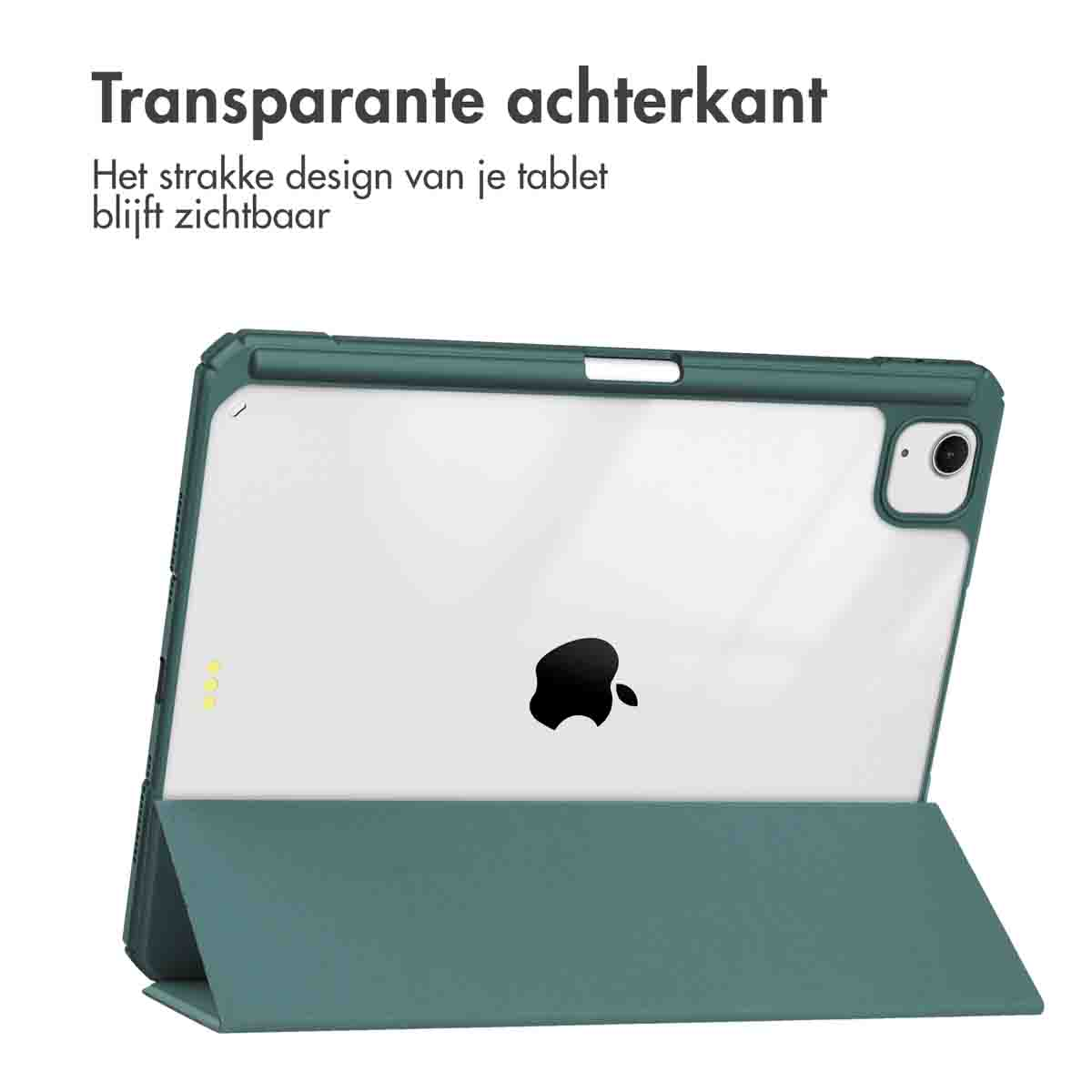Tablet case with transparent back. The case is teal. The tablet has an Apple logo.