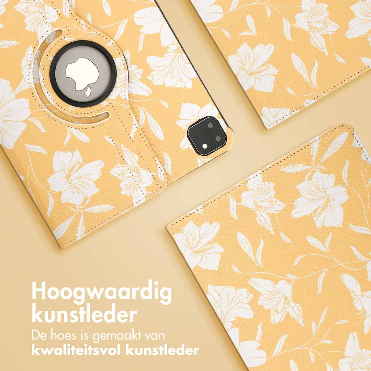 Yellow patterned tablet case with a tablet, open, showing Apple logo.