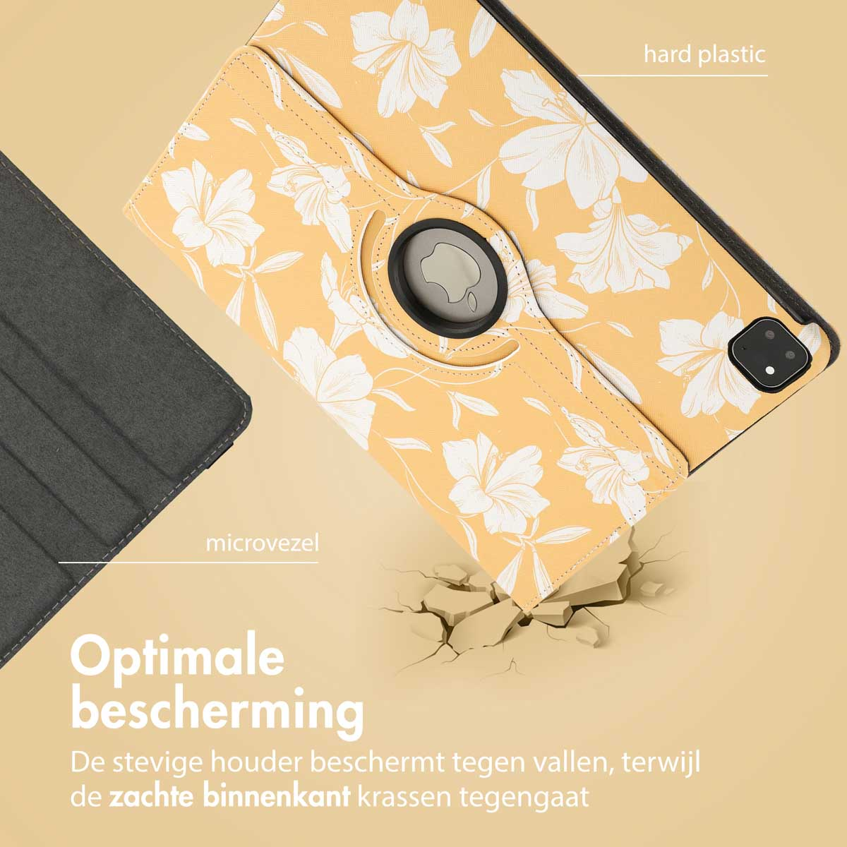 Yellow tablet case with white floral pattern. The case is on a surface with a cracked effect.