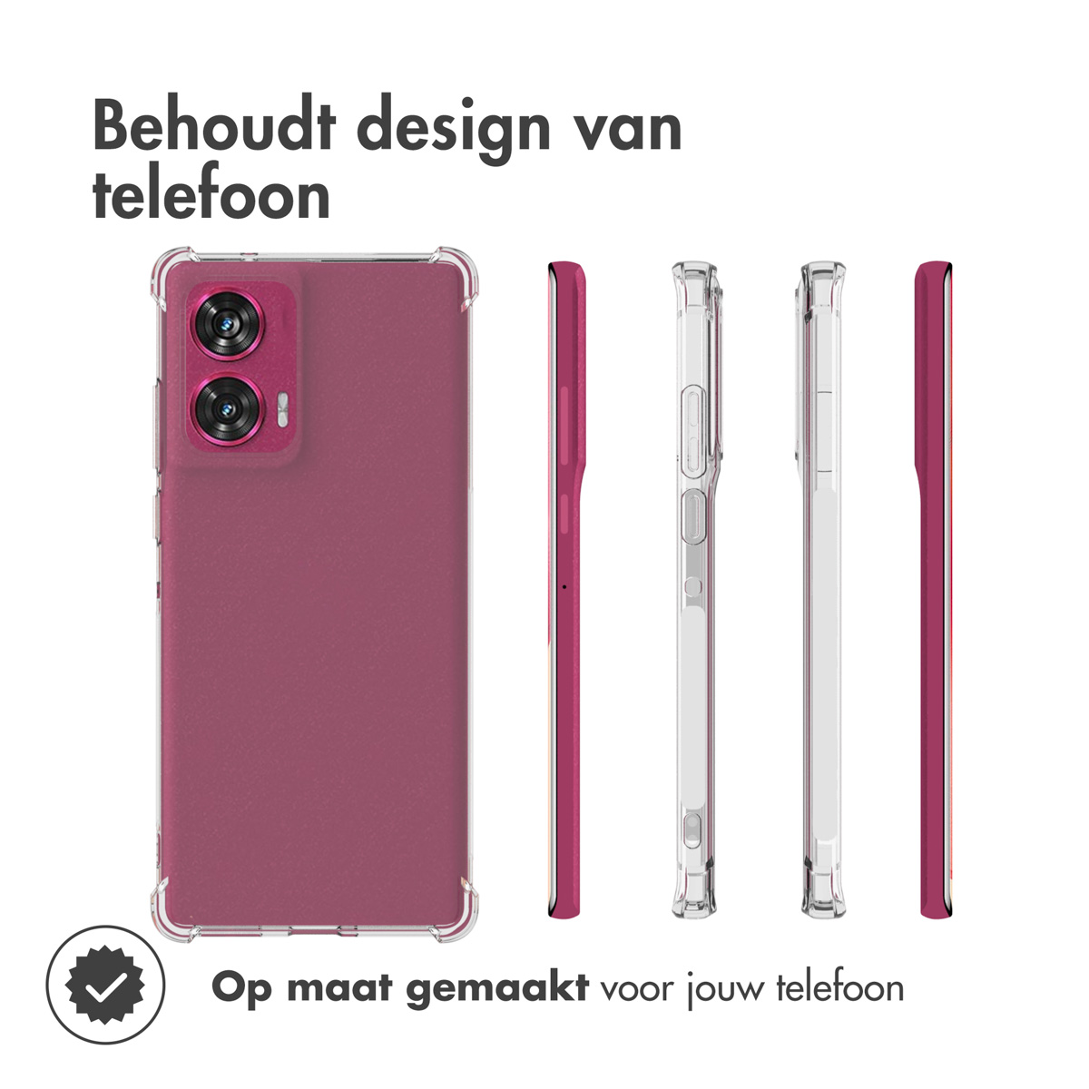 Telefonhülle in Rot- und Klartönen. Mehrere Ansichten werden gezeigt, um das Telefondesign darzustellen.