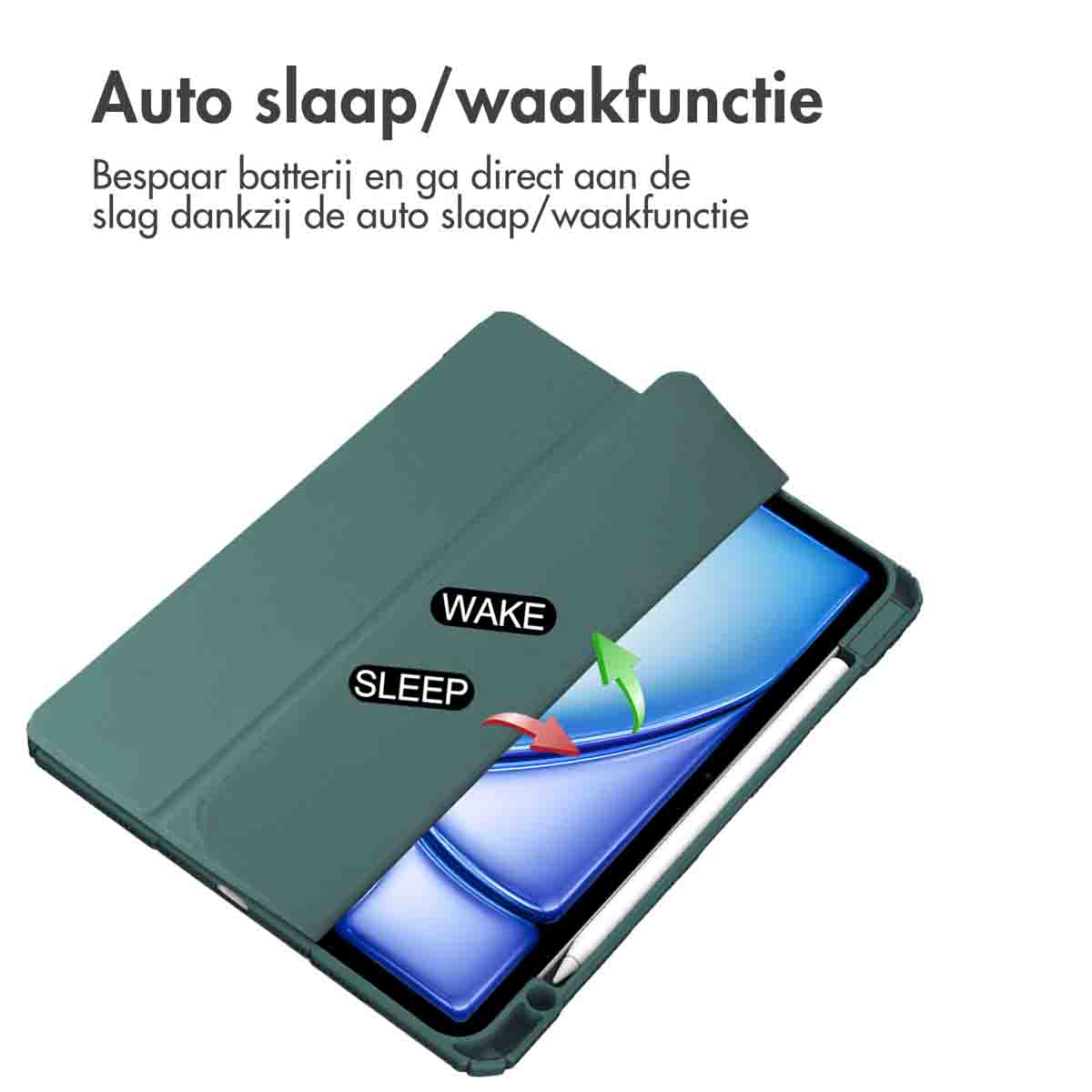 Green tablet case with open cover, showing tablet. Text: Auto sleep/wake function. White background.