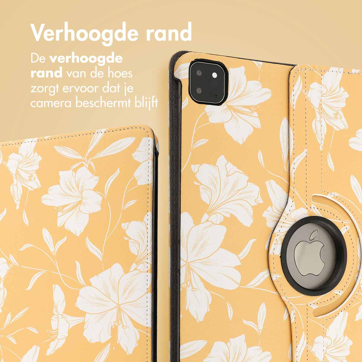A yellow case with white floral patterns. The case is open, showing the inside. Text says 'Verhoogde rand' (Raised edge).