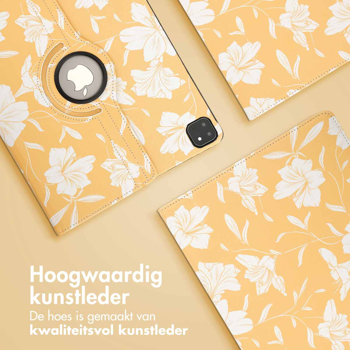 Yellow floral tablet case with Apple logo. Three pieces visible. Yellow background with white floral pattern.