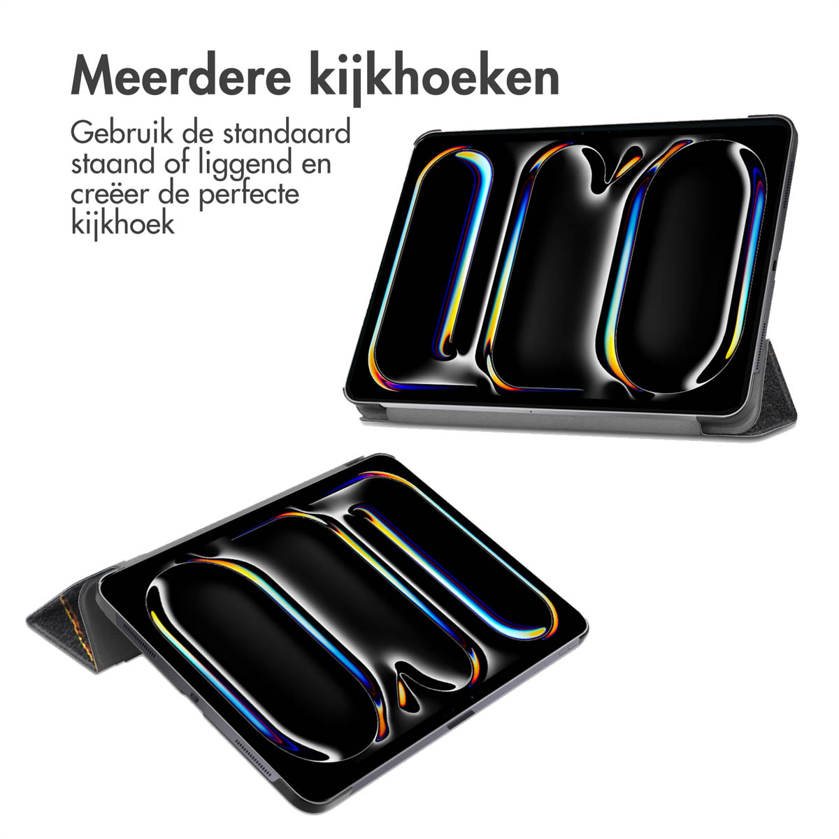 Two tablets in black cases, angled on a white surface. The cases have multiple viewing angle options.