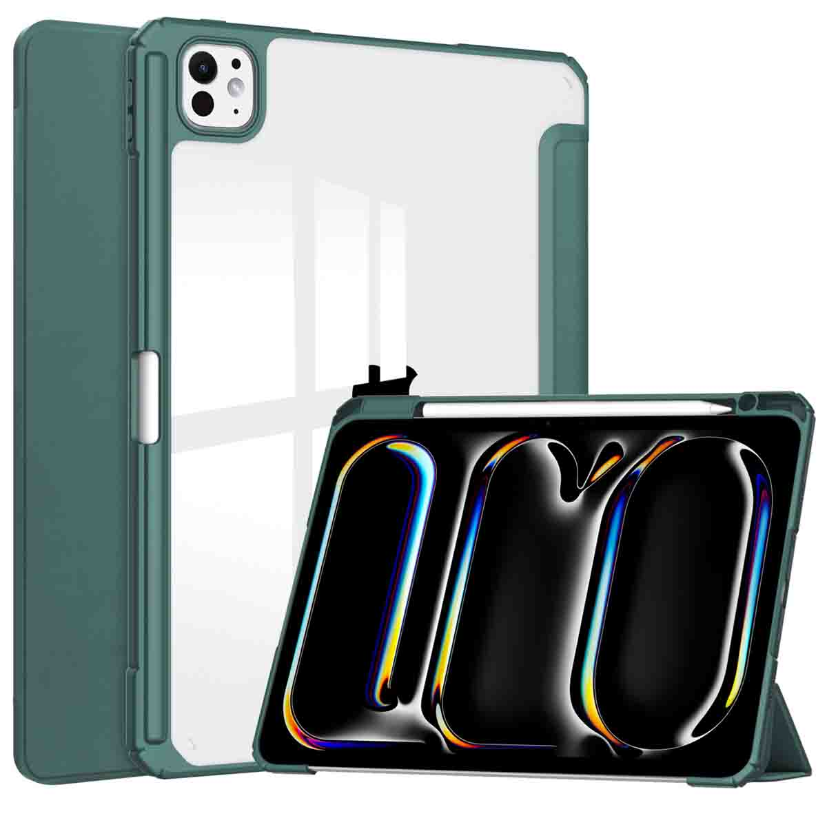Green and clear tablet case. Tablet in case is displayed open.