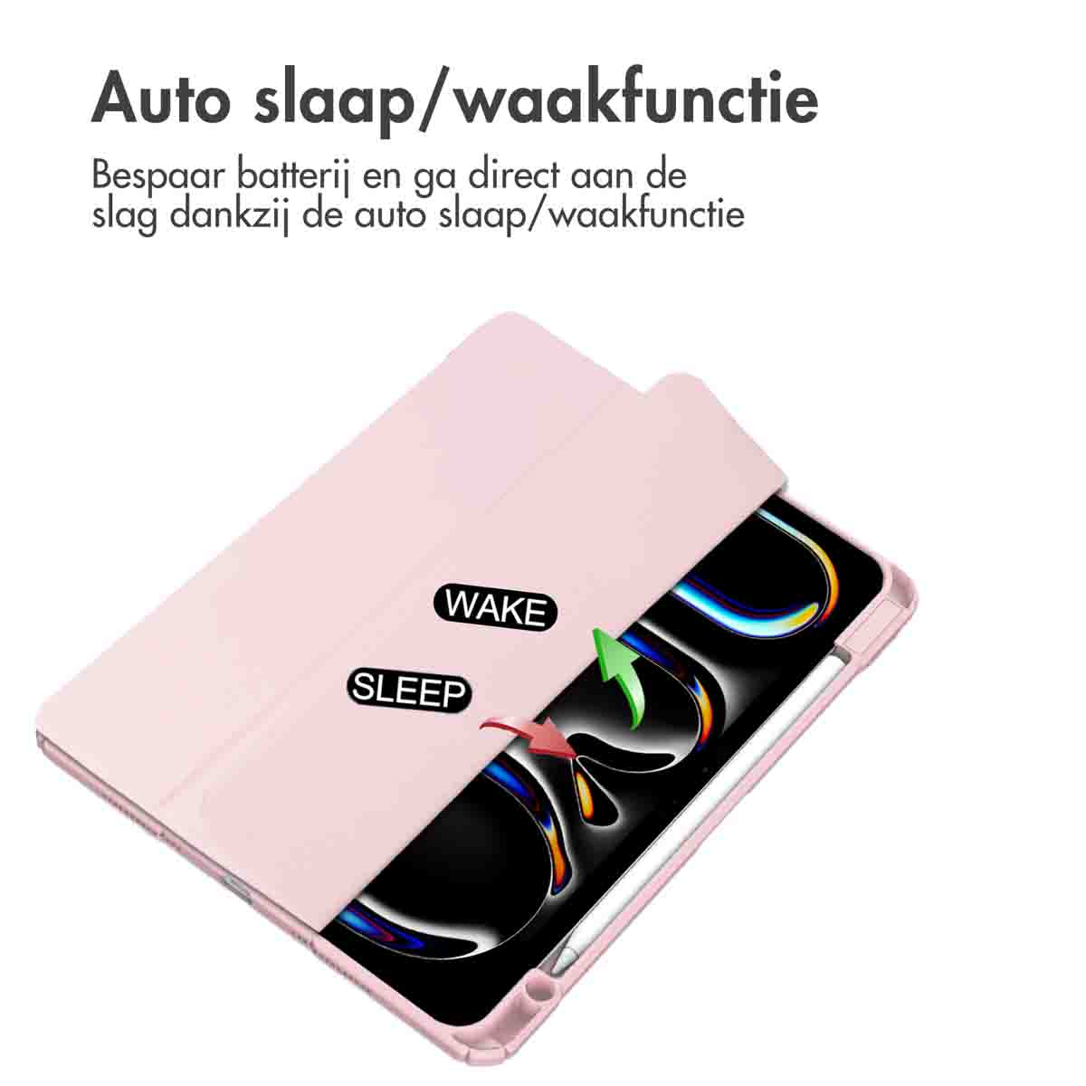 Pink tablet case with white apple pencil. The case shows sleep and wake arrows.