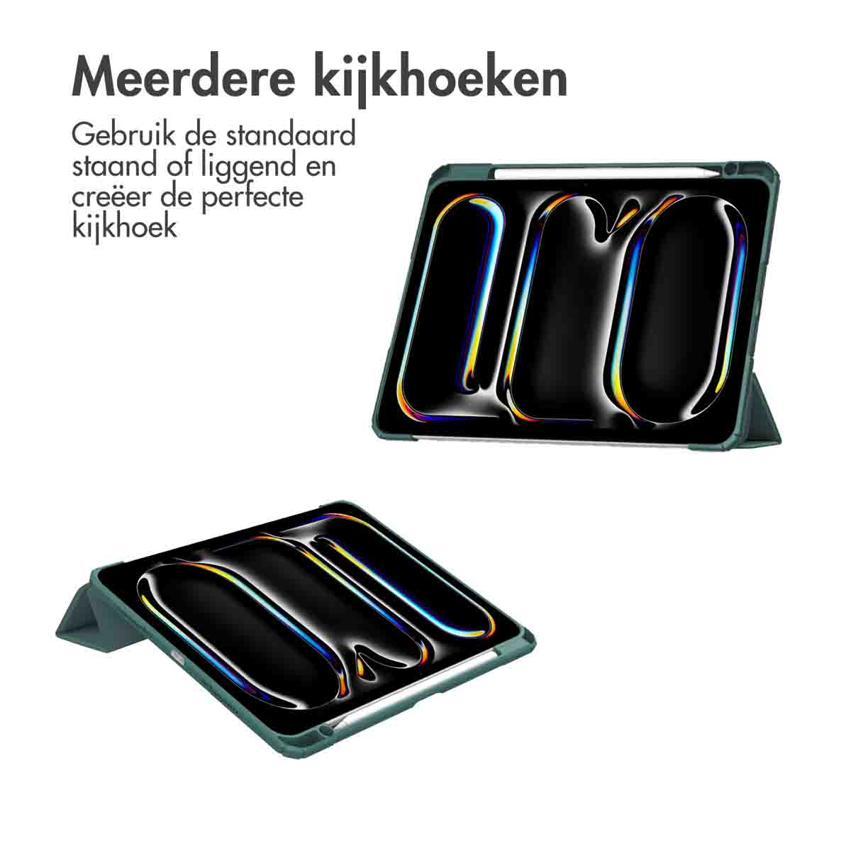 Two tablets in cases, one upright, one flat. Cases are green with reflective design. White background.