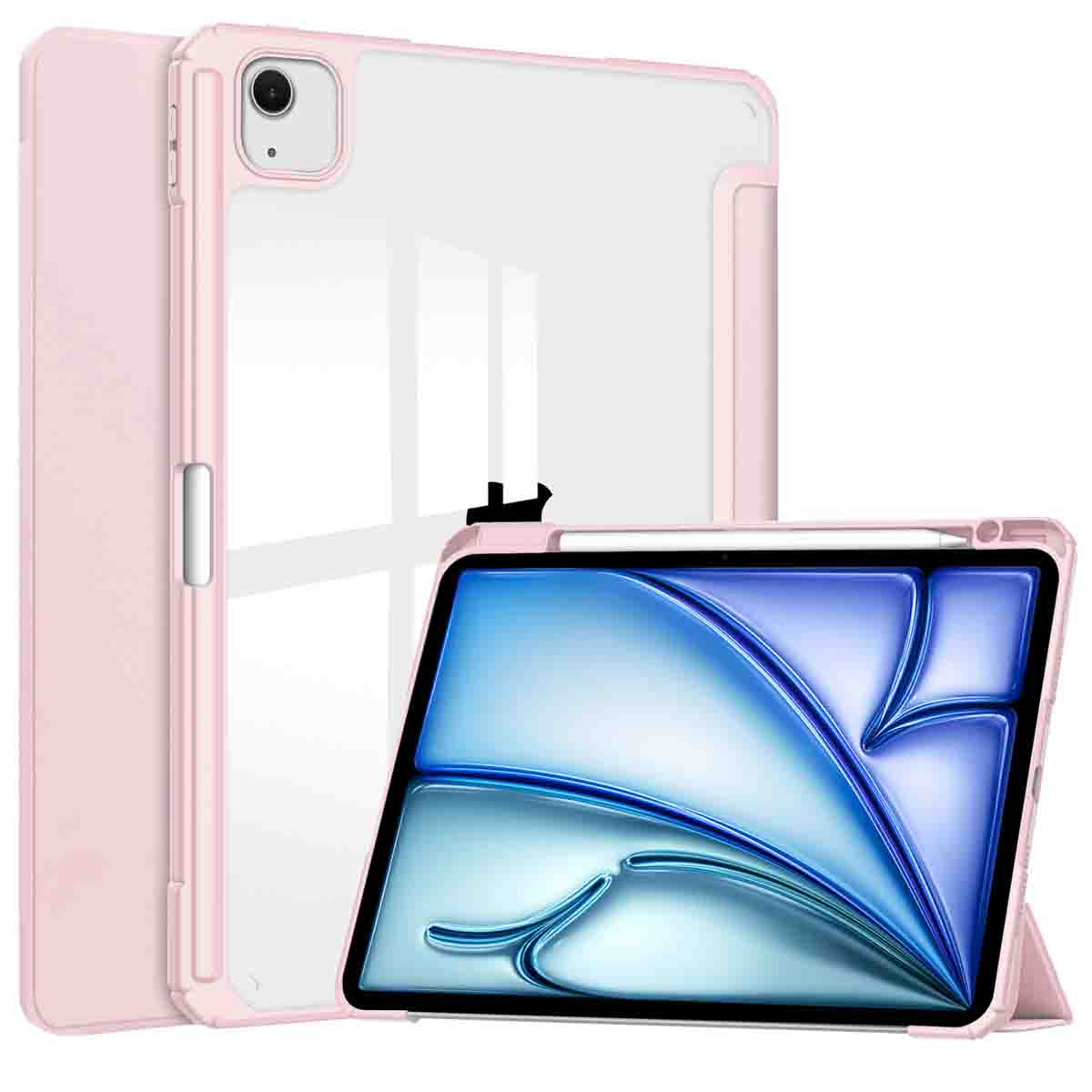 Pink tablet case, clear back, and a tablet with a blue screen. The case supports a stylus.