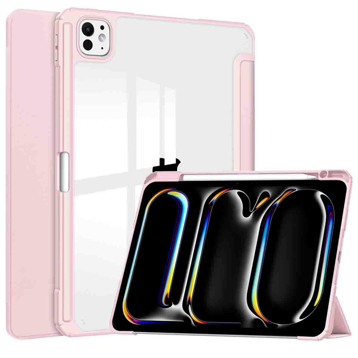 Tablet with pink case, clear back, and a screen showing a colorful pattern. The tablet is propped up.