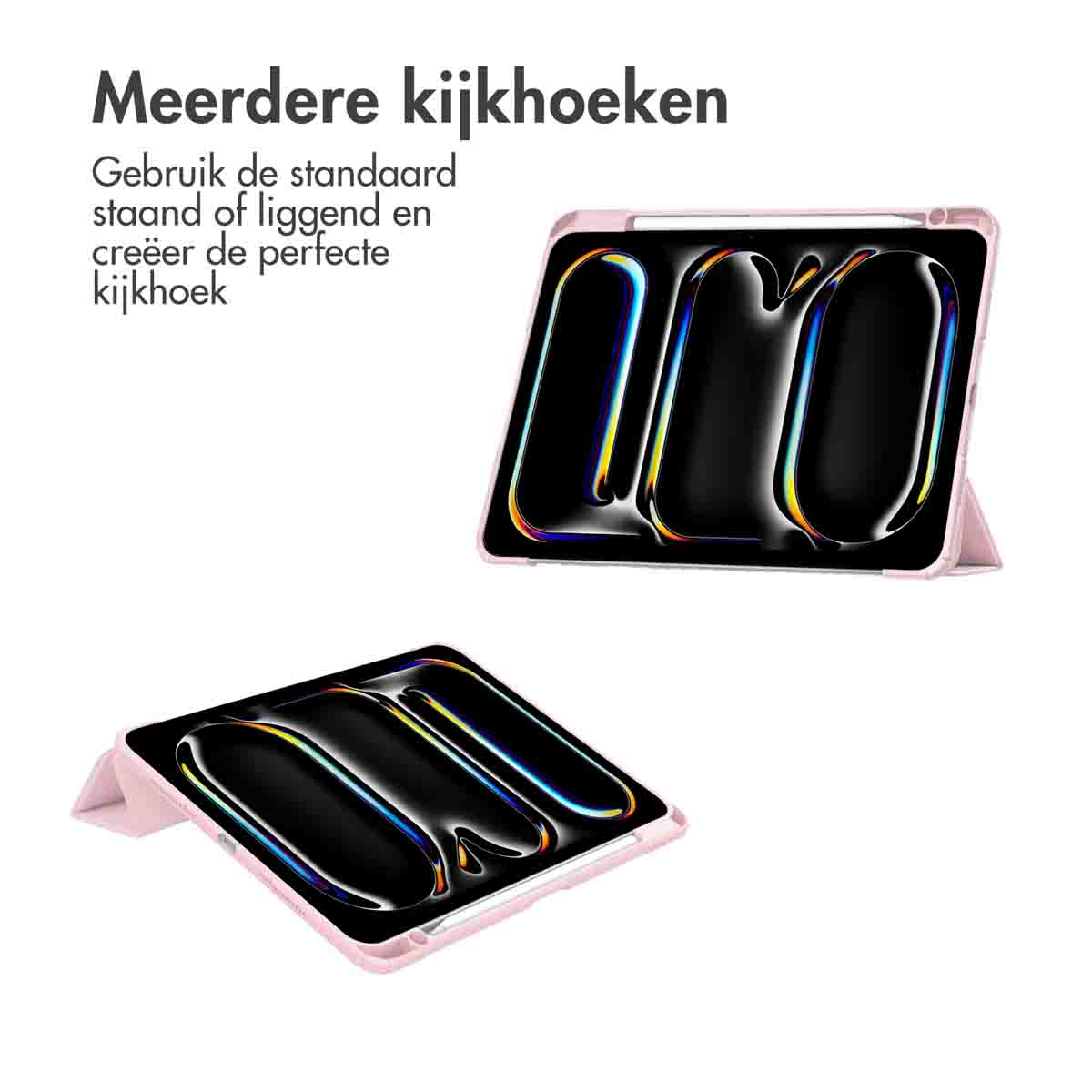 Pink tablet case with two tablets at different angles, showing screen display.