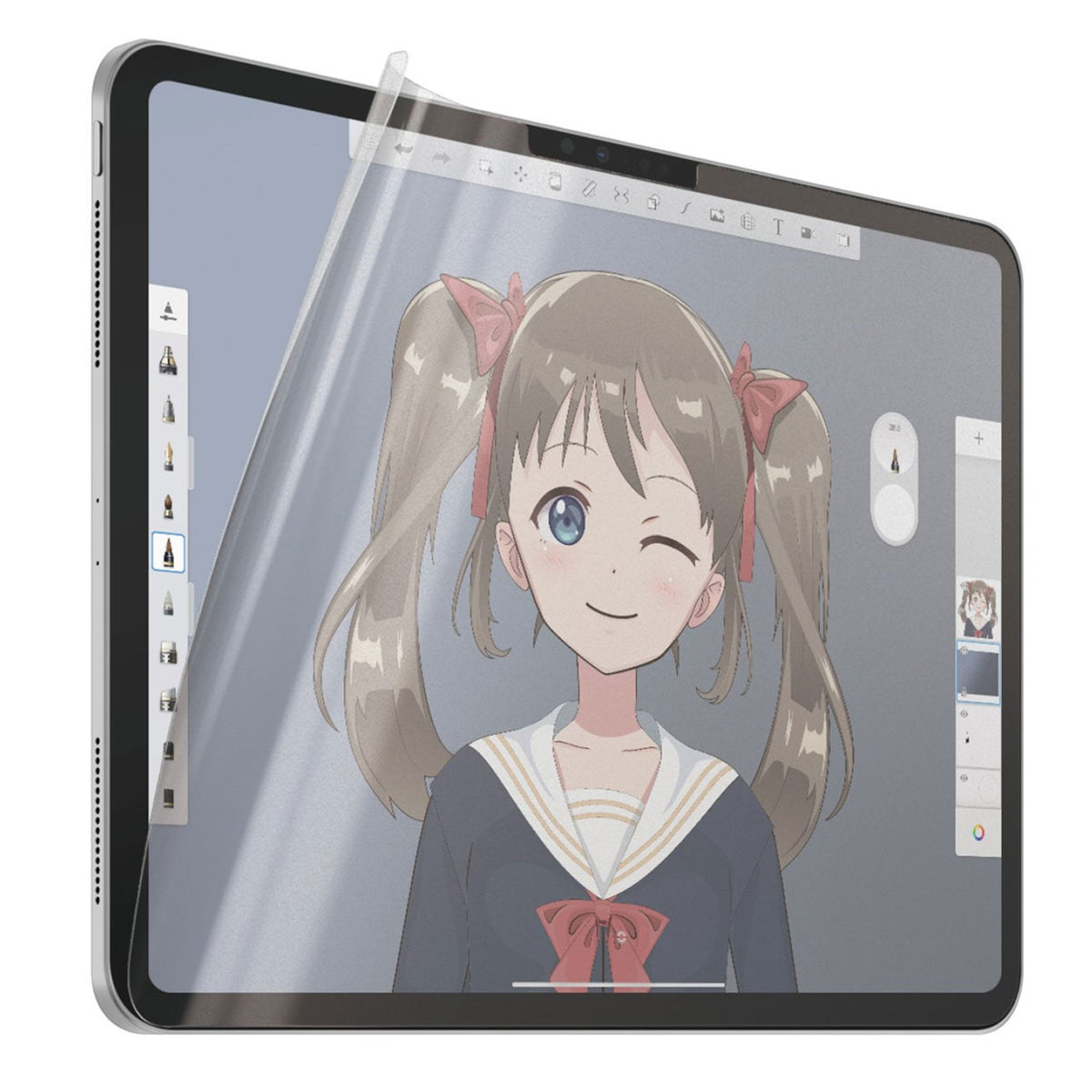 Tablet met anime-meisjestekening. Meisje knipoogt, draagt schooluniform, met staartjes.
