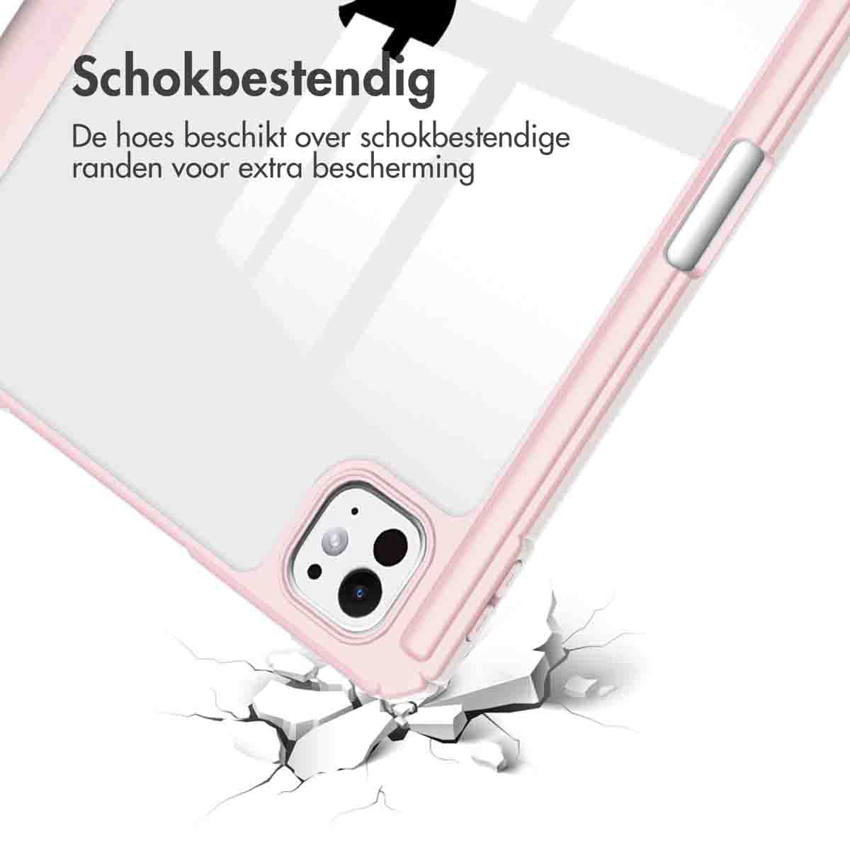 A tablet in a pink case, with a crack graphic on the bottom.