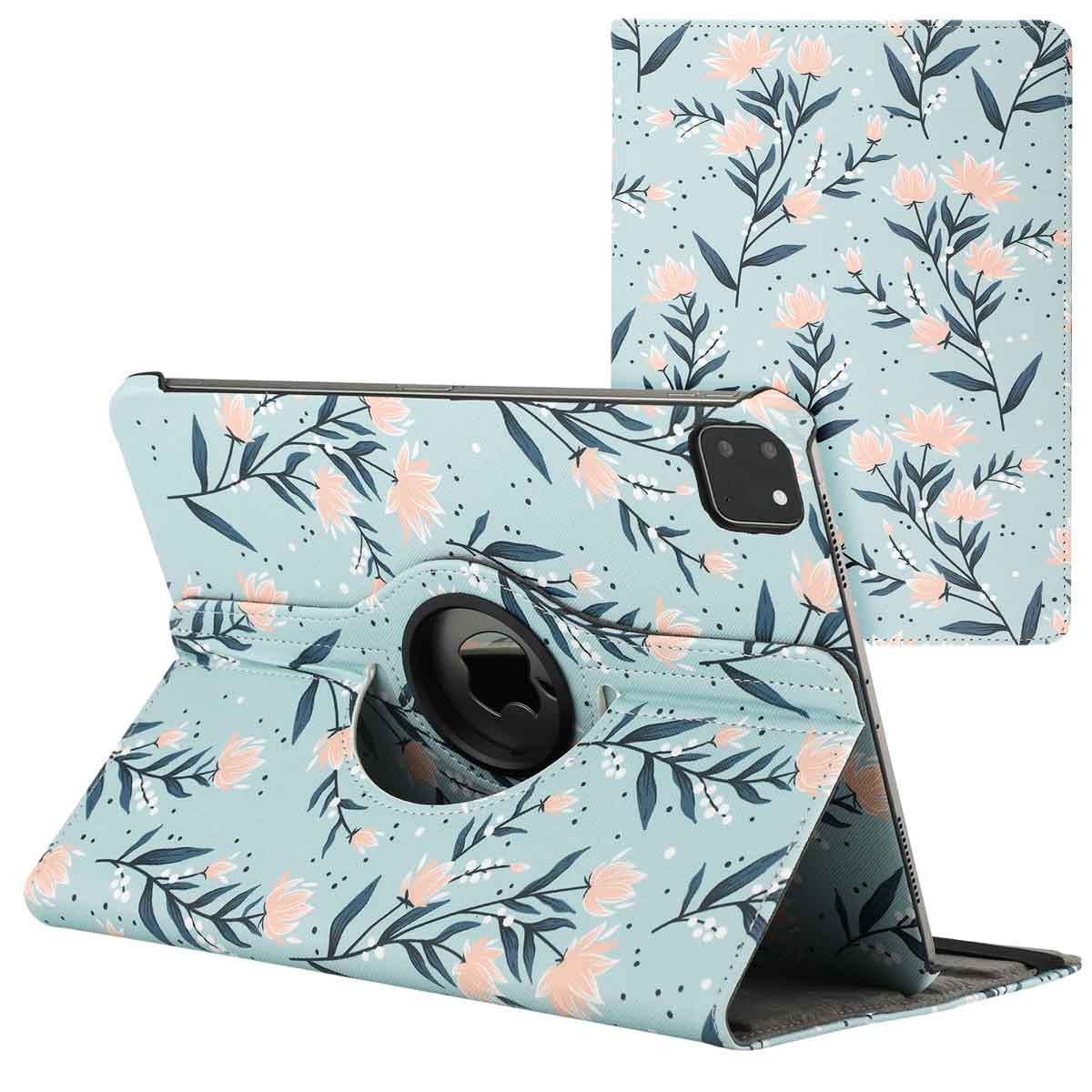 Tablet case with floral pattern. It can rotate 360 degrees. Open, showing the tablet.