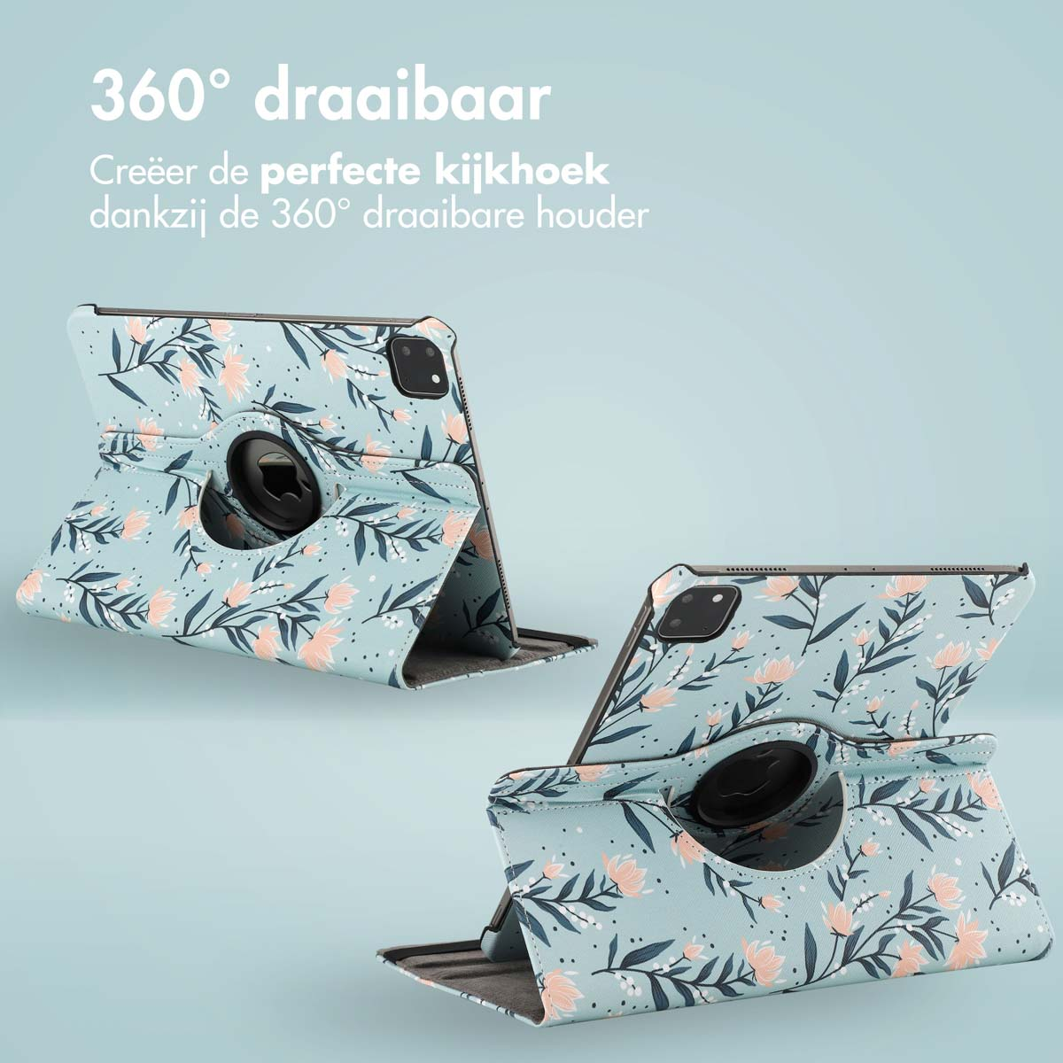 Two tablets in floral cases, rotating displays. Blue background with text in Dutch.