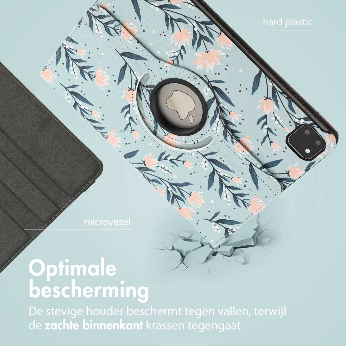Tablet case open, floral design, hard plastic, microfiber. Text: optimal protection. Light blue background.