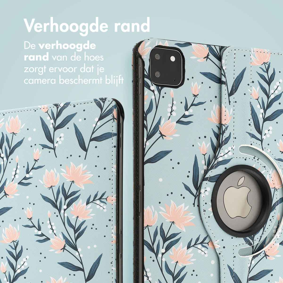 A floral tablet case showing detail of the corner. The case is open revealing the Apple logo and camera.